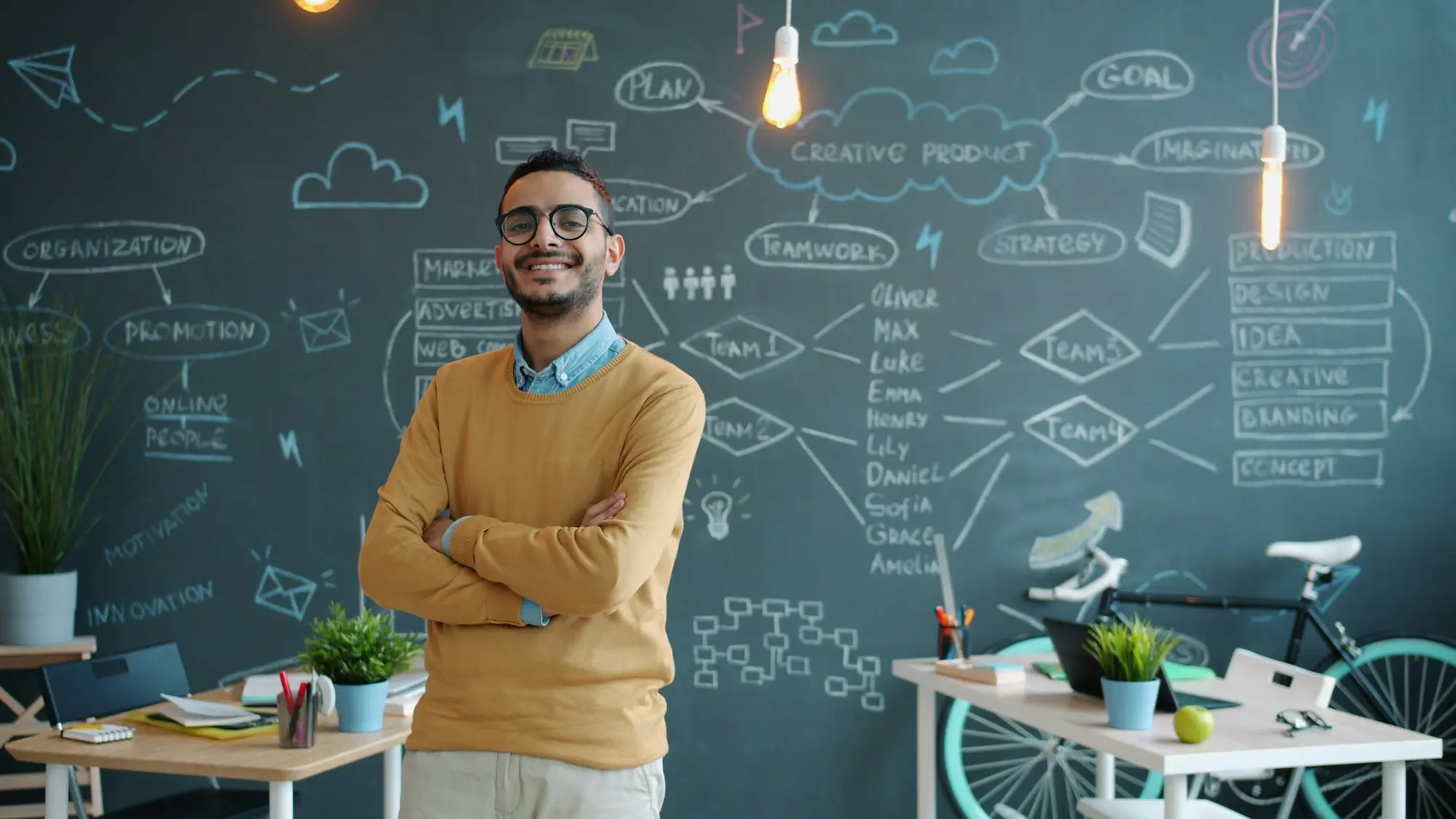 Man smiling in front of a planning board